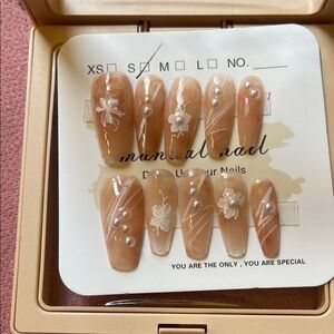 Elegant Tan Press-On Nails with Floral Design